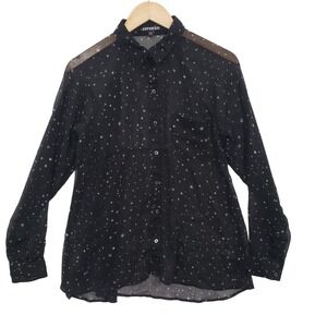 Express‎ Black Star Print Sheer Long Sleeve Button Up Shirt Womens M Celestial